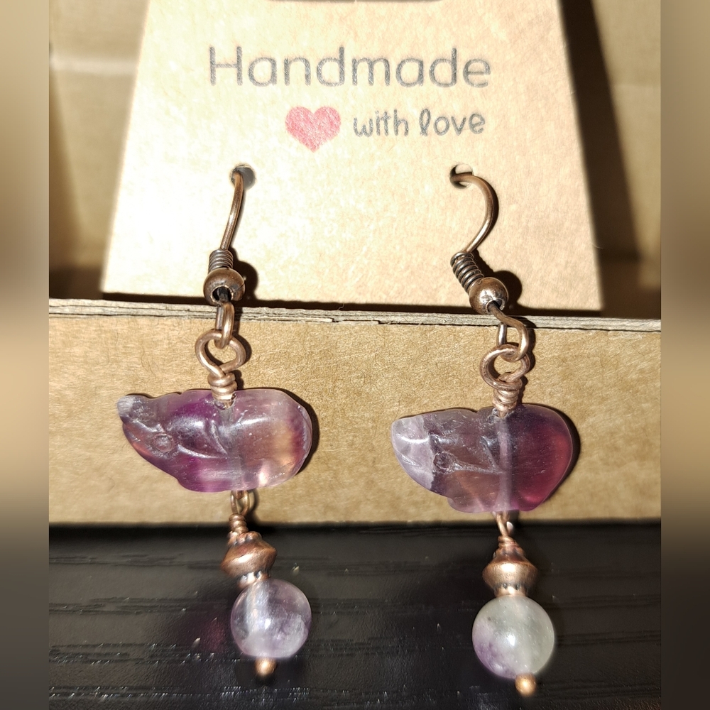 Cute Zuni Style Carved Flourite Pig Fetish Dangle Earrings in Copper